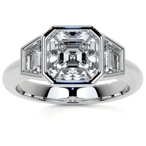 Presenting Asscher and Trapezoid Moissanite Diamond Bezel Set Three-Stone Moissanite Engagement Ring